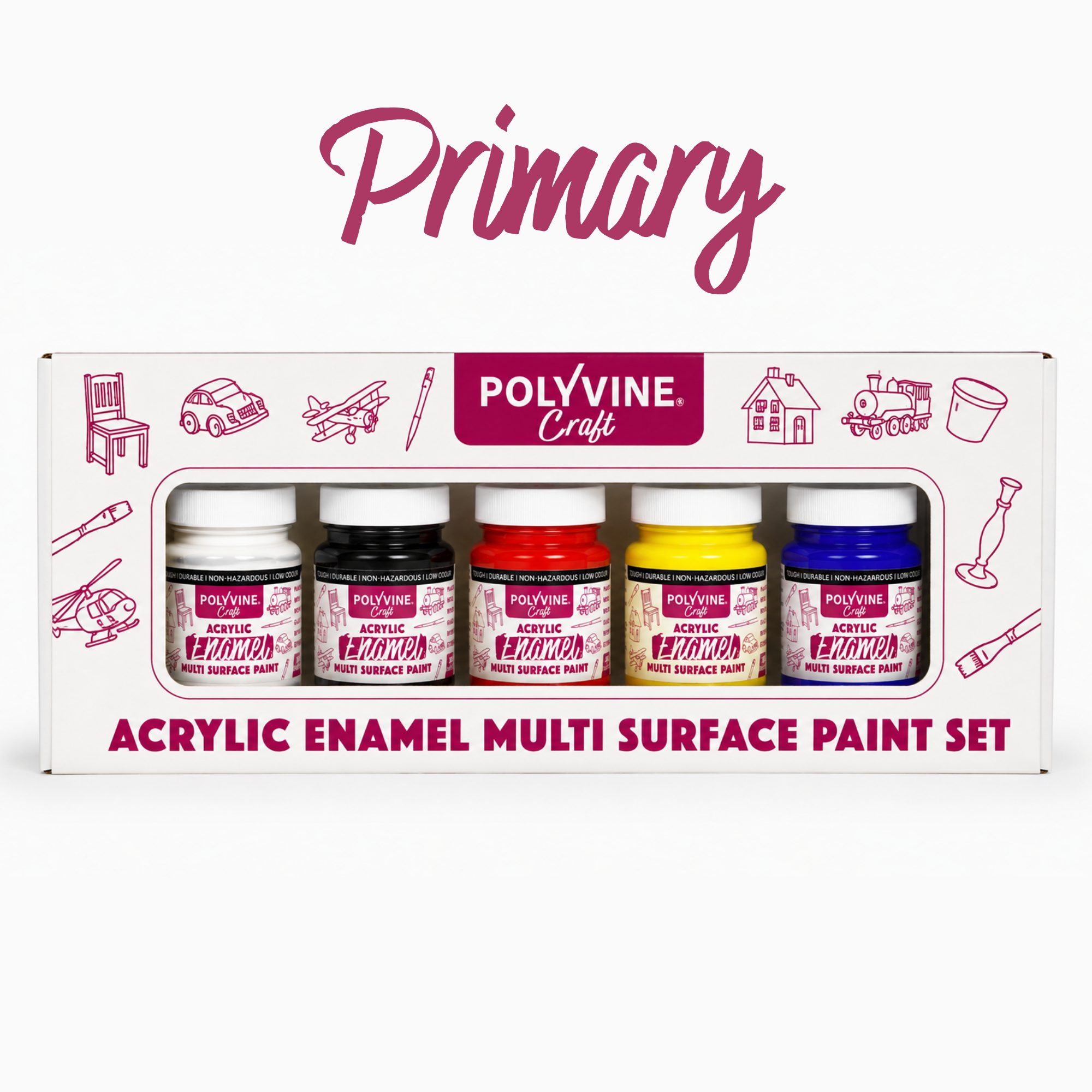Polyvine Craft Acrylic Enamel Paint Set x 5: Primary